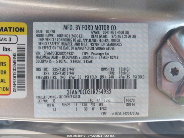 Photo 8 VIN: 3FA6P0CD3LR254932 - FORD FUSION 