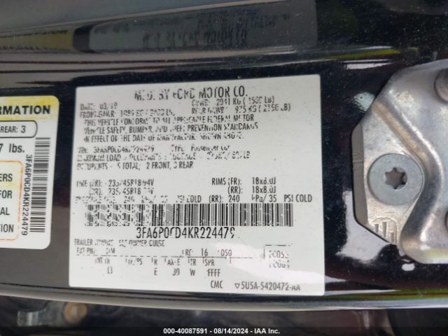 Photo 8 VIN: 3FA6P0CD4KR224479 - FORD FUSION 