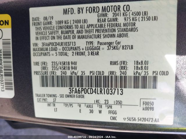 Photo 8 VIN: 3FA6P0CD4LR103713 - FORD FUSION 