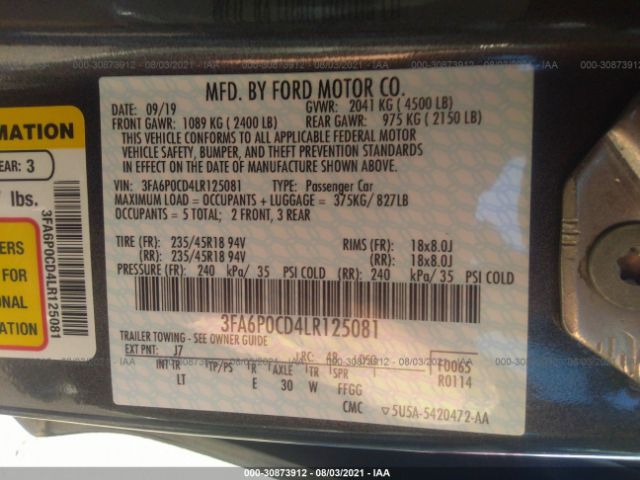 Photo 8 VIN: 3FA6P0CD4LR125081 - FORD FUSION 