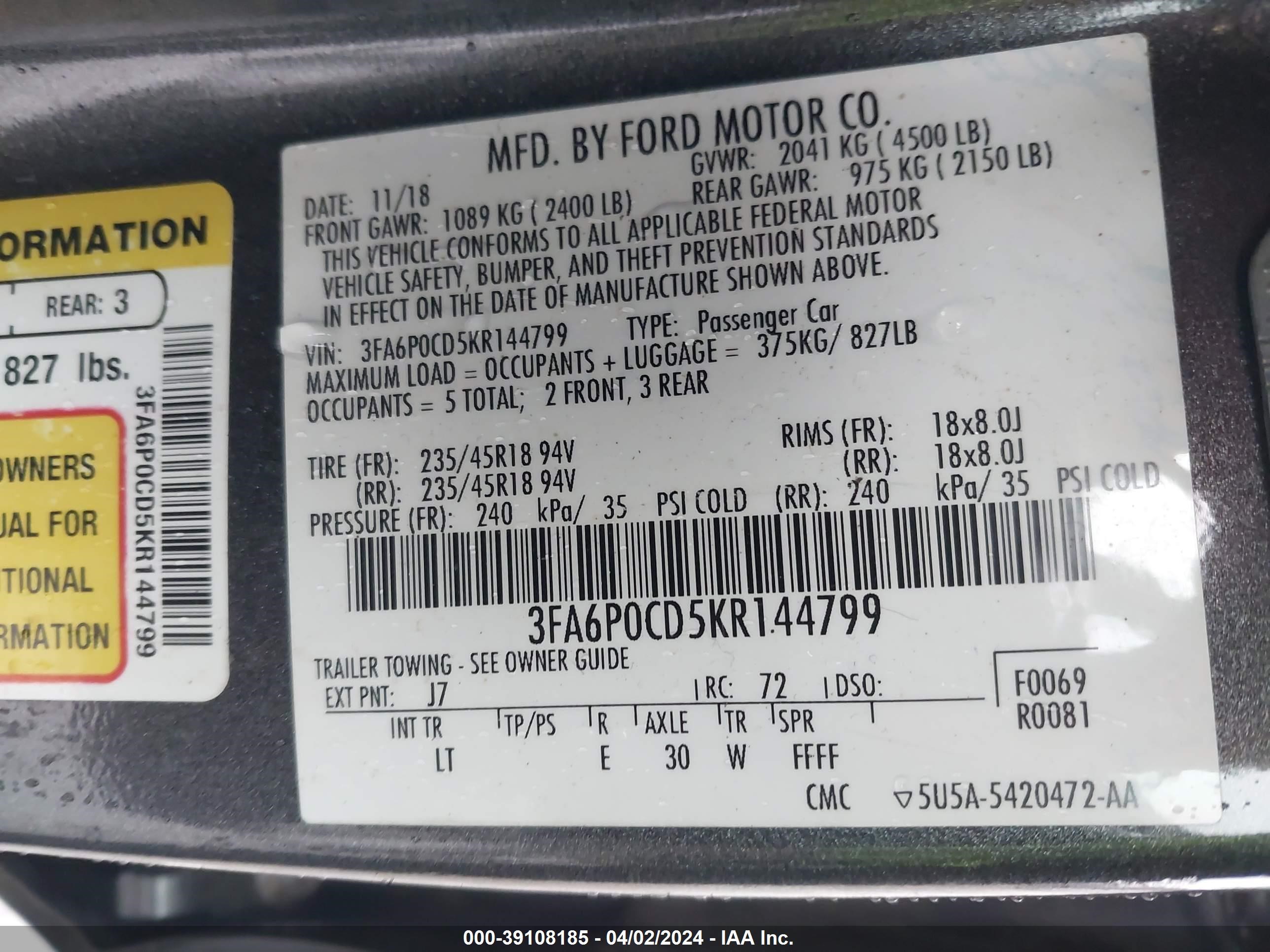 Photo 8 VIN: 3FA6P0CD5KR144799 - FORD FUSION 