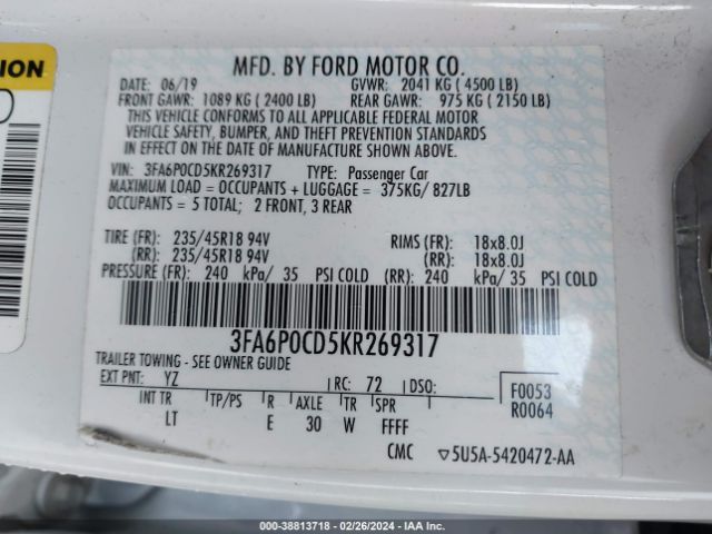 Photo 8 VIN: 3FA6P0CD5KR269317 - FORD FUSION 