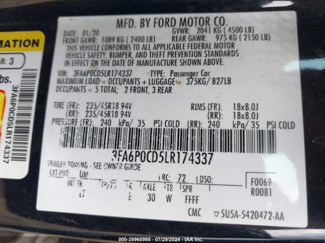 Photo 8 VIN: 3FA6P0CD5LR174337 - FORD FUSION 