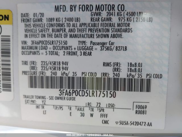 Photo 8 VIN: 3FA6P0CD5LR175150 - FORD FUSION 