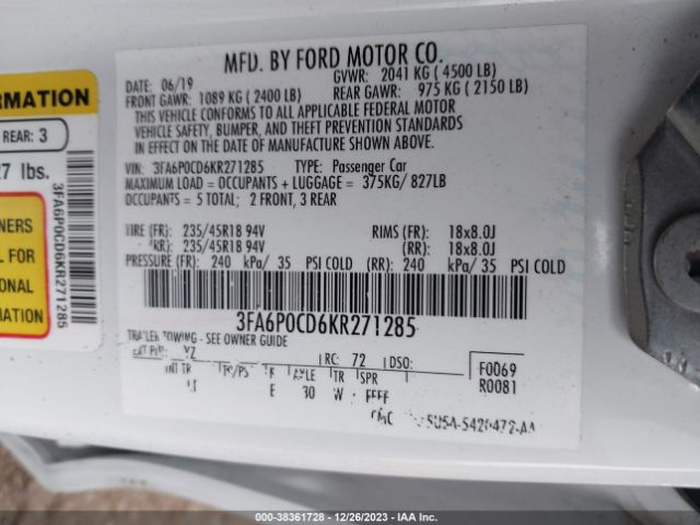 Photo 8 VIN: 3FA6P0CD6KR271285 - FORD FUSION 