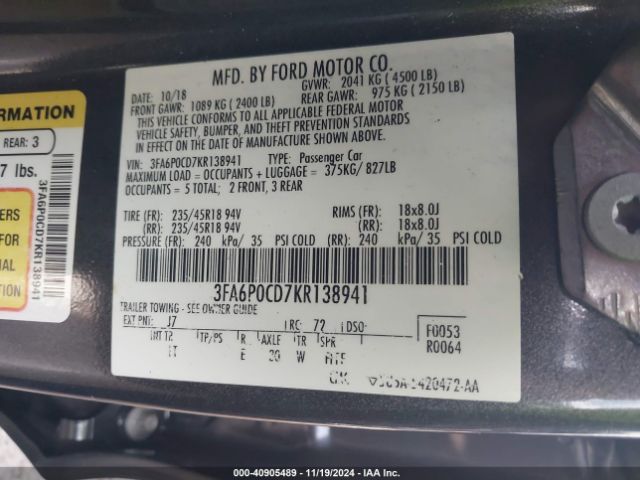 Photo 8 VIN: 3FA6P0CD7KR138941 - FORD FUSION 