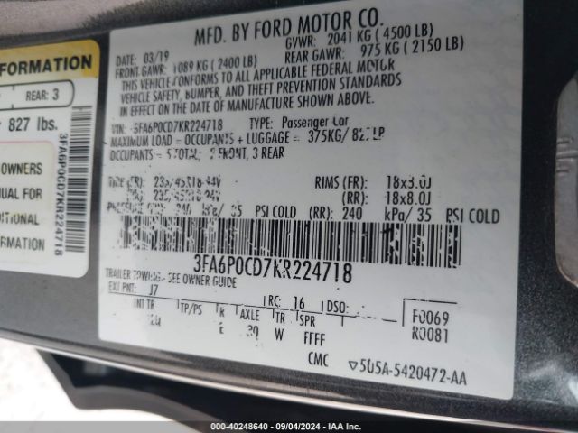 Photo 8 VIN: 3FA6P0CD7KR224718 - FORD FUSION 