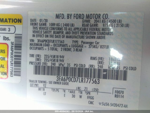 Photo 8 VIN: 3FA6P0CD7LR177563 - FORD FUSION 