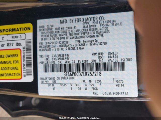 Photo 8 VIN: 3FA6P0CD7LR257218 - FORD FUSION 