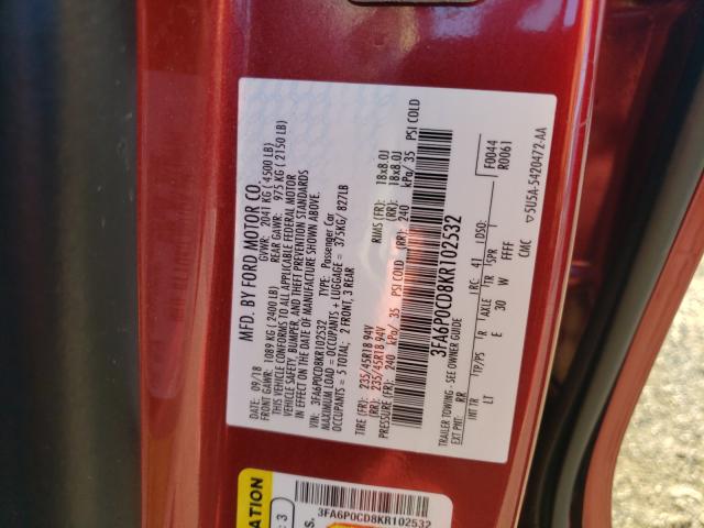 Photo 9 VIN: 3FA6P0CD8KR102532 - FORD FUSION SEL 