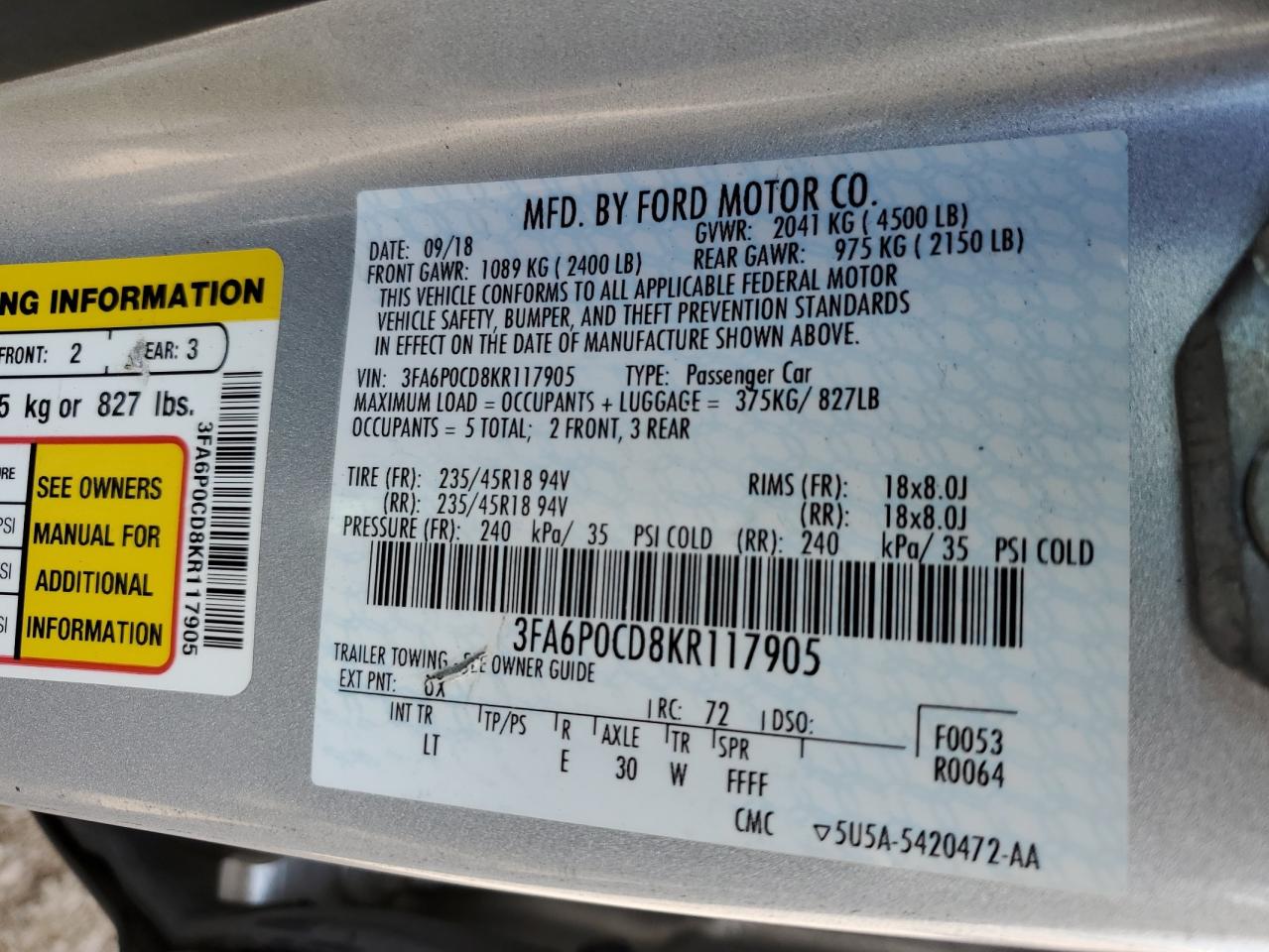 Photo 11 VIN: 3FA6P0CD8KR117905 - FORD FUSION 