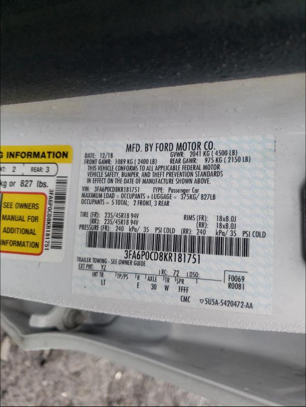 Photo 9 VIN: 3FA6P0CD8KR181751 - FORD FUSION SEL 