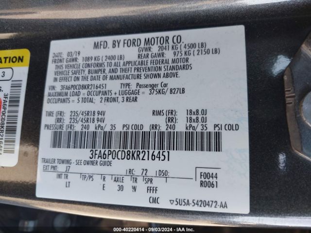 Photo 8 VIN: 3FA6P0CD8KR216451 - FORD FUSION 