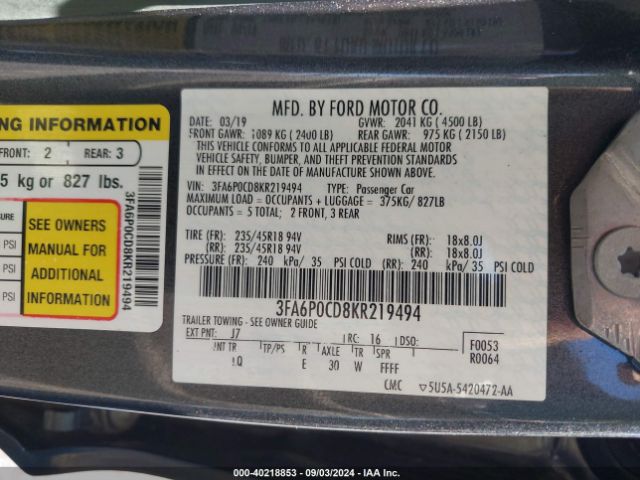 Photo 8 VIN: 3FA6P0CD8KR219494 - FORD FUSION 