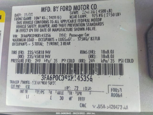 Photo 8 VIN: 3FA6P0CD9KR145356 - FORD FUSION 