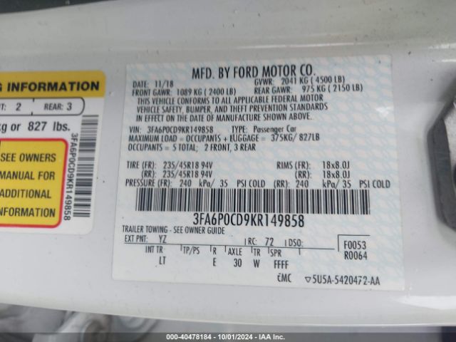 Photo 8 VIN: 3FA6P0CD9KR149858 - FORD FUSION 