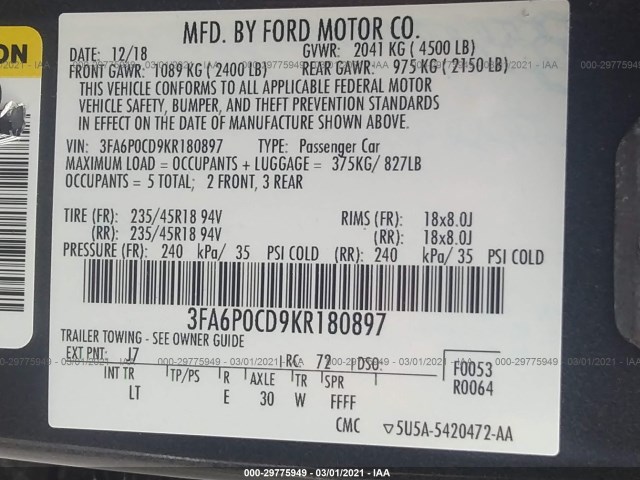 Photo 8 VIN: 3FA6P0CD9KR180897 - FORD FUSION 