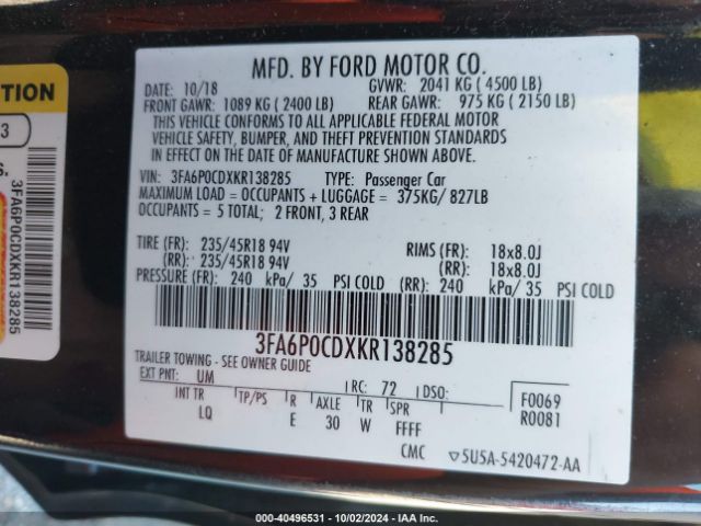 Photo 8 VIN: 3FA6P0CDXKR138285 - FORD FUSION 