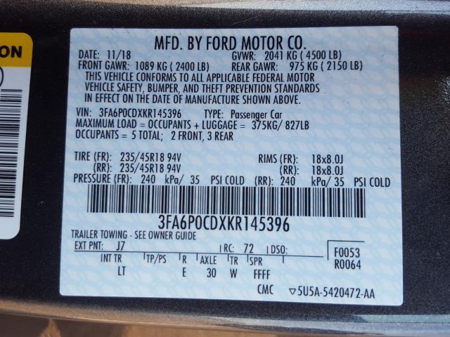 Photo 9 VIN: 3FA6P0CDXKR145396 - FORD FUSION SEL 