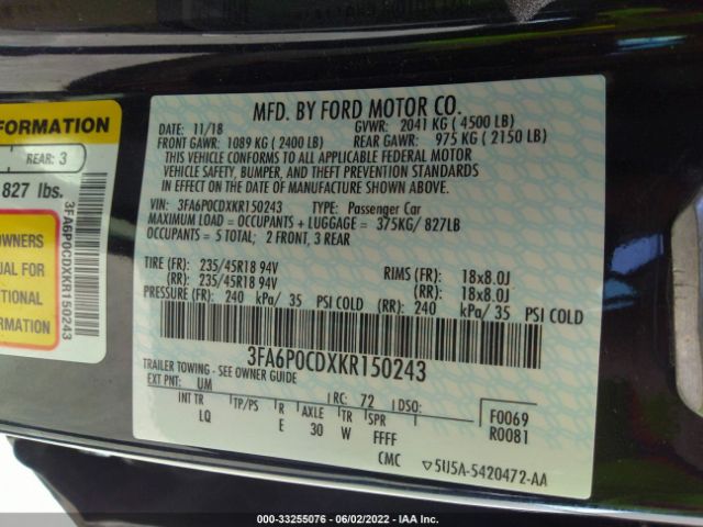 Photo 8 VIN: 3FA6P0CDXKR150243 - FORD FUSION 