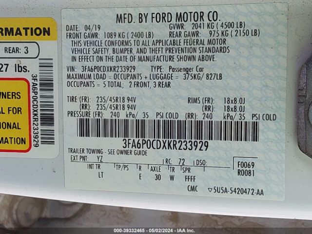 Photo 8 VIN: 3FA6P0CDXKR233929 - FORD FUSION 