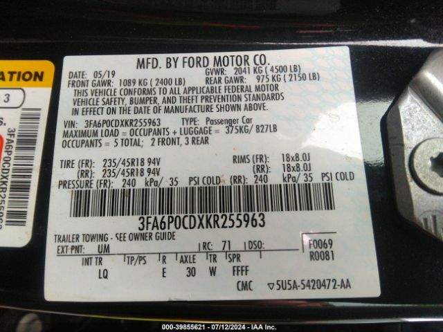 Photo 8 VIN: 3FA6P0CDXKR255963 - FORD FUSION 