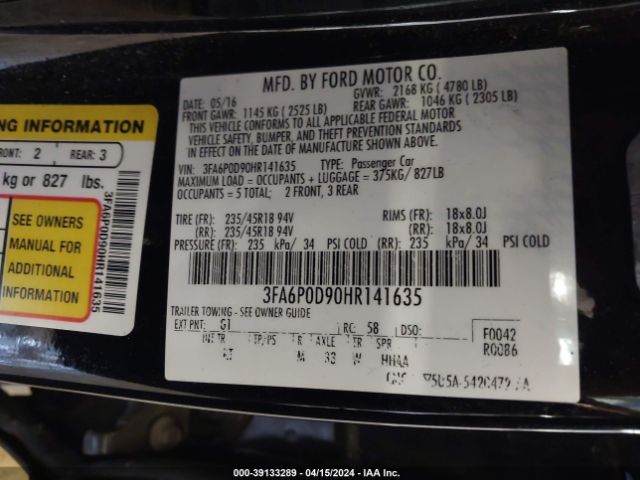 Photo 8 VIN: 3FA6P0D90HR141635 - FORD FUSION 