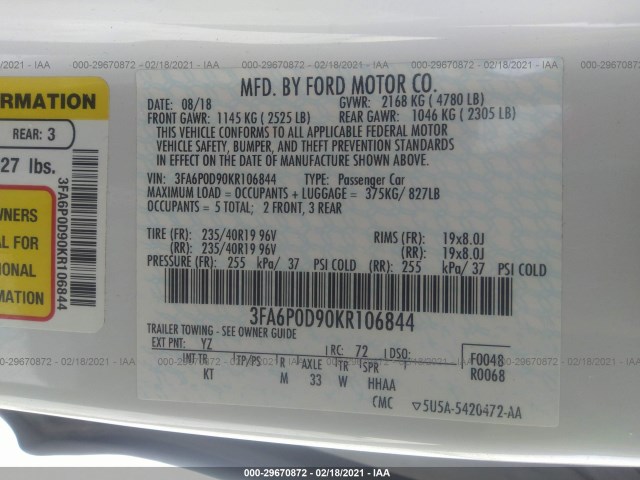 Photo 8 VIN: 3FA6P0D90KR106844 - FORD FUSION 