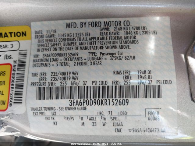 Photo 8 VIN: 3FA6P0D90KR152609 - FORD FUSION 