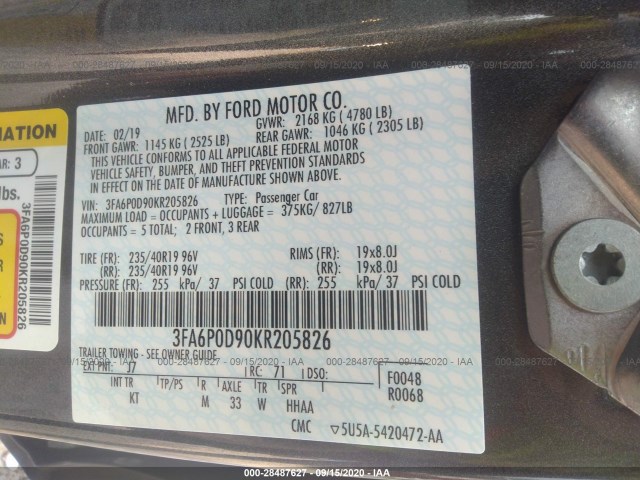 Photo 8 VIN: 3FA6P0D90KR205826 - FORD FUSION 