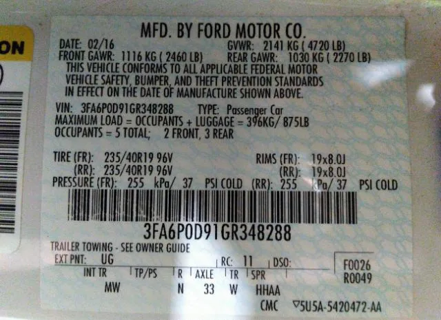 Photo 8 VIN: 3FA6P0D91GR348288 - FORD FUSION 