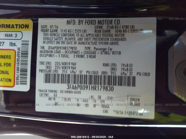 Photo 8 VIN: 3FA6P0D91HR179830 - FORD FUSION 