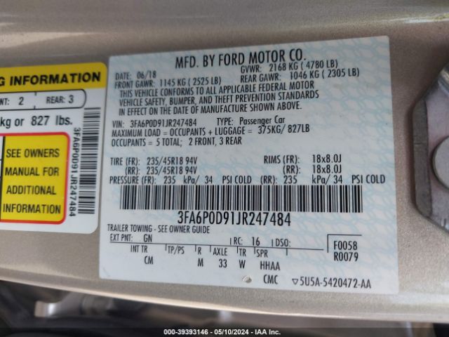 Photo 8 VIN: 3FA6P0D91JR247484 - FORD FUSION 