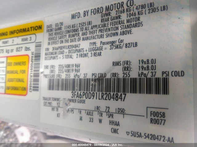 Photo 8 VIN: 3FA6P0D91LR204847 - FORD FUSION 