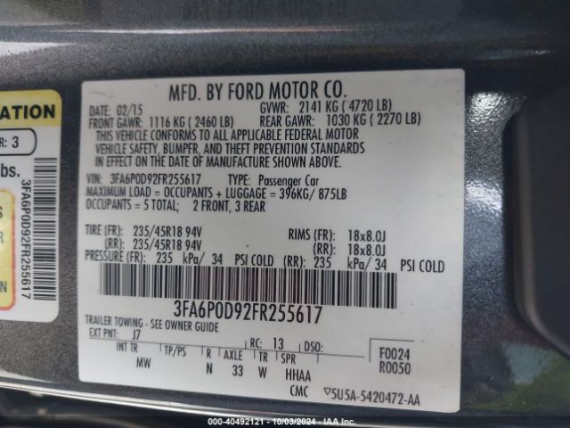 Photo 8 VIN: 3FA6P0D92FR255617 - FORD FUSION 