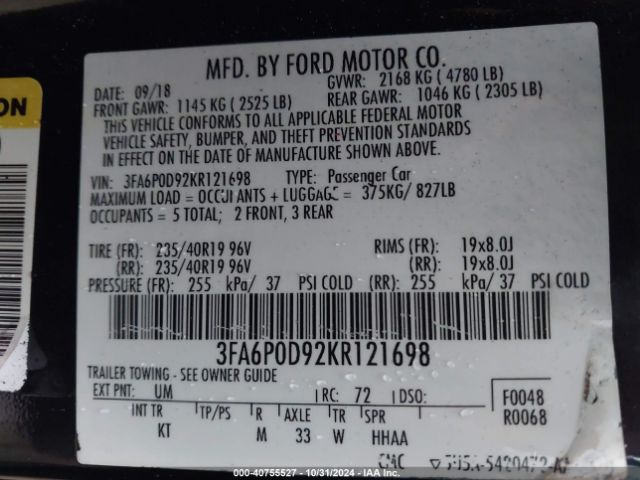 Photo 8 VIN: 3FA6P0D92KR121698 - FORD FUSION 