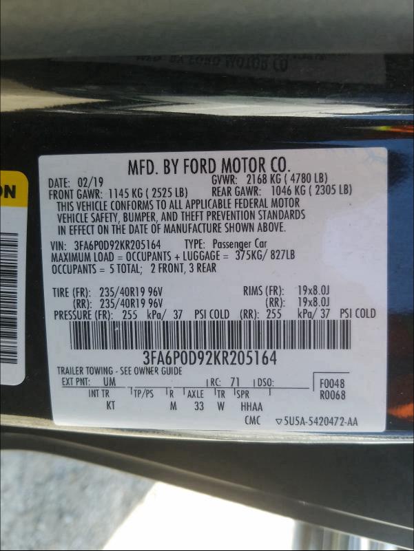 Photo 9 VIN: 3FA6P0D92KR205164 - FORD FUSION TIT 