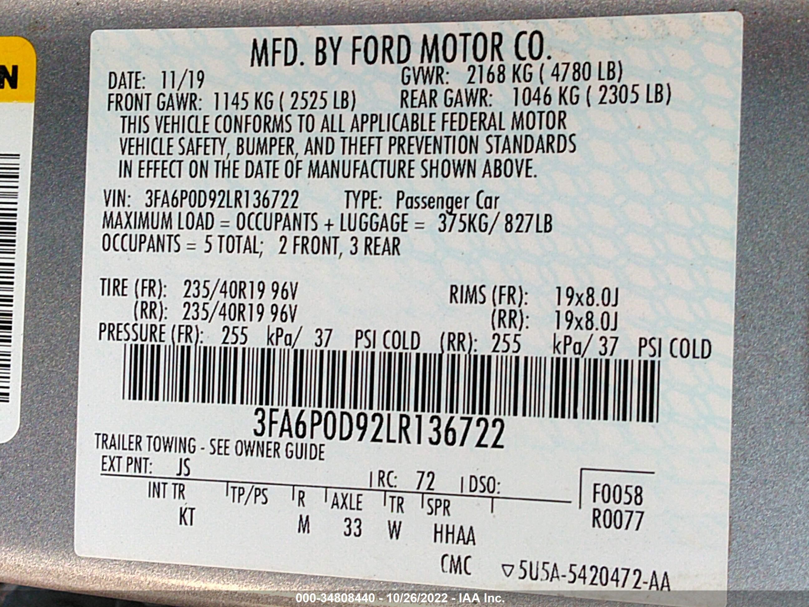 Photo 8 VIN: 3FA6P0D92LR136722 - FORD FUSION 