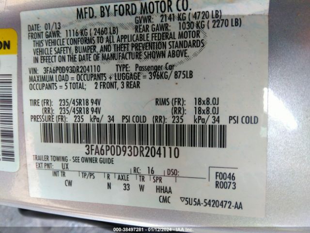 Photo 8 VIN: 3FA6P0D93DR204110 - FORD FUSION 