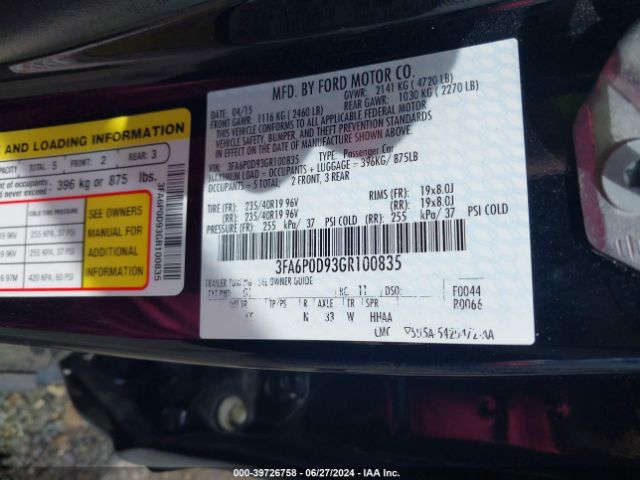 Photo 8 VIN: 3FA6P0D93GR100835 - FORD FUSION 