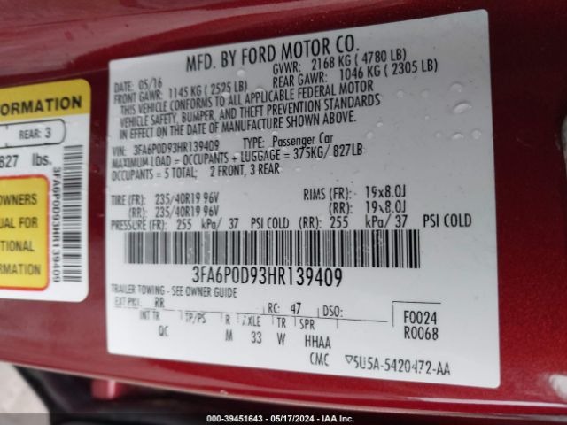 Photo 8 VIN: 3FA6P0D93HR139409 - FORD FUSION 