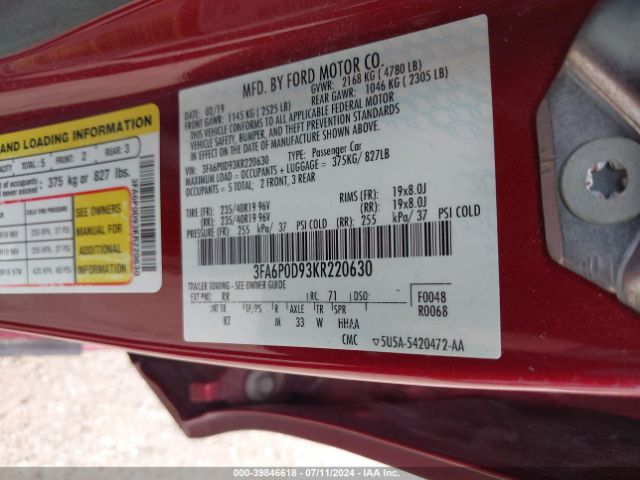 Photo 8 VIN: 3FA6P0D93KR220630 - FORD FUSION 