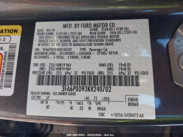 Photo 8 VIN: 3FA6P0D93KR240702 - FORD FUSION 