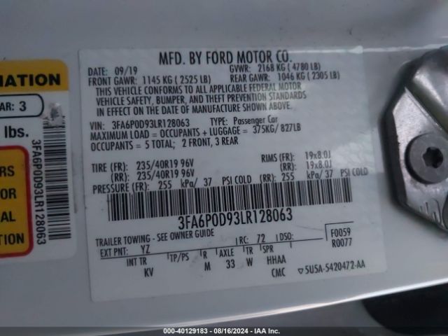 Photo 8 VIN: 3FA6P0D93LR128063 - FORD FUSION 