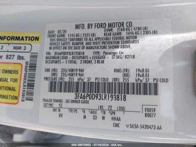 Photo 8 VIN: 3FA6P0D93LR193818 - FORD FUSION 