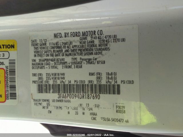 Photo 8 VIN: 3FA6P0D94DR187690 - FORD FUSION 