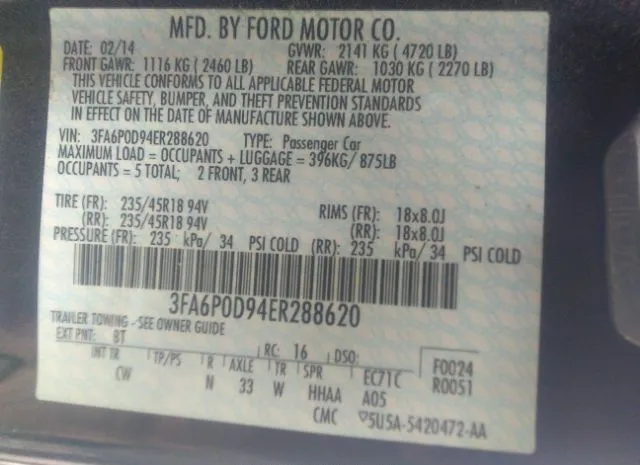 Photo 8 VIN: 3FA6P0D94ER288620 - FORD FUSION 