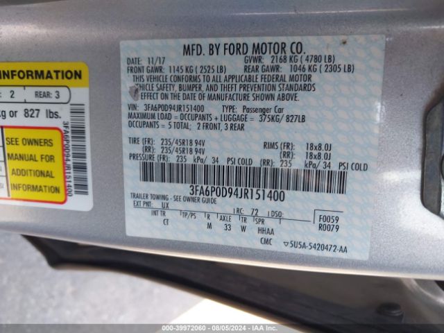 Photo 8 VIN: 3FA6P0D94JR151400 - FORD FUSION 