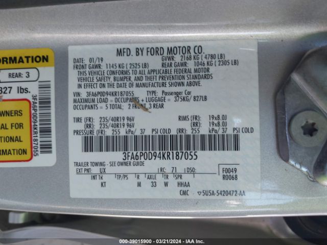 Photo 8 VIN: 3FA6P0D94KR187055 - FORD FUSION 