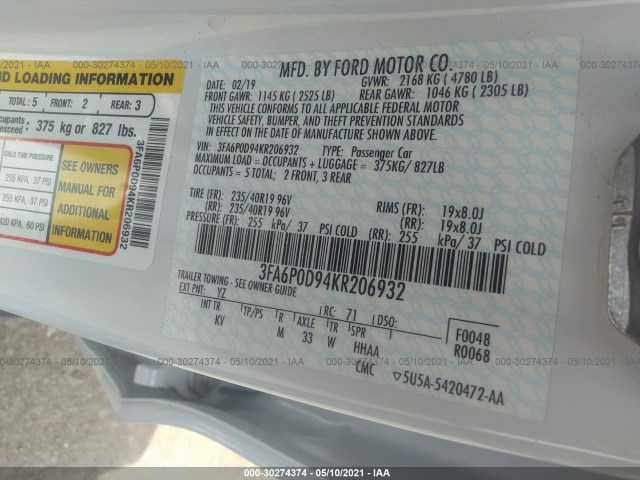 Photo 8 VIN: 3FA6P0D94KR206932 - FORD FUSION 